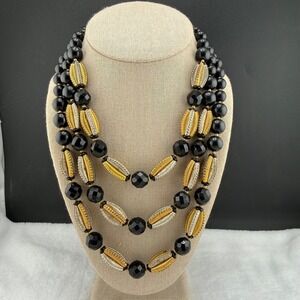 Vintage Estate Beaded‎ Necklace Gold Black Triple Strand Layered 17in